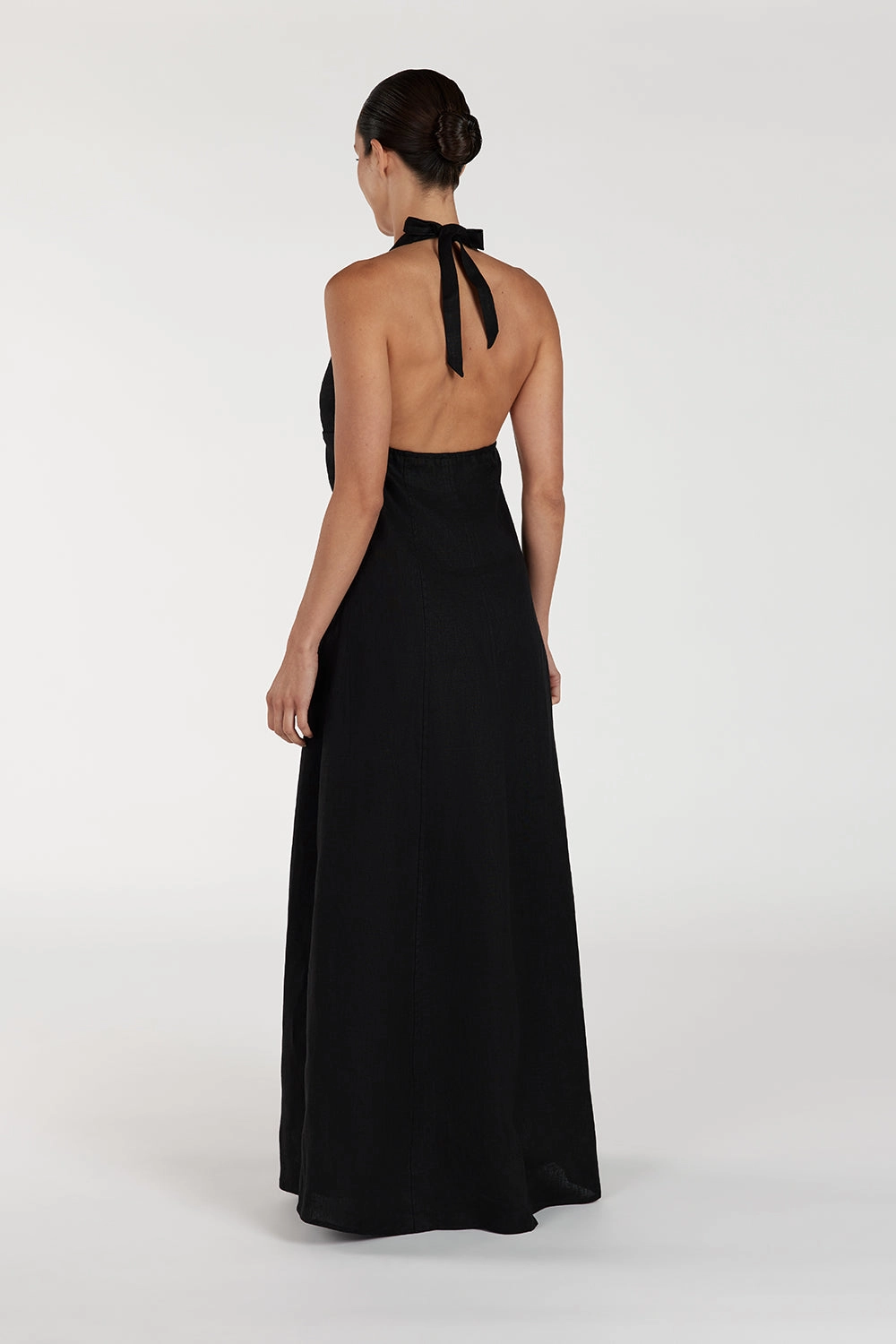 AUDREY BLACK HALTER LINEN MIDI DRESS
