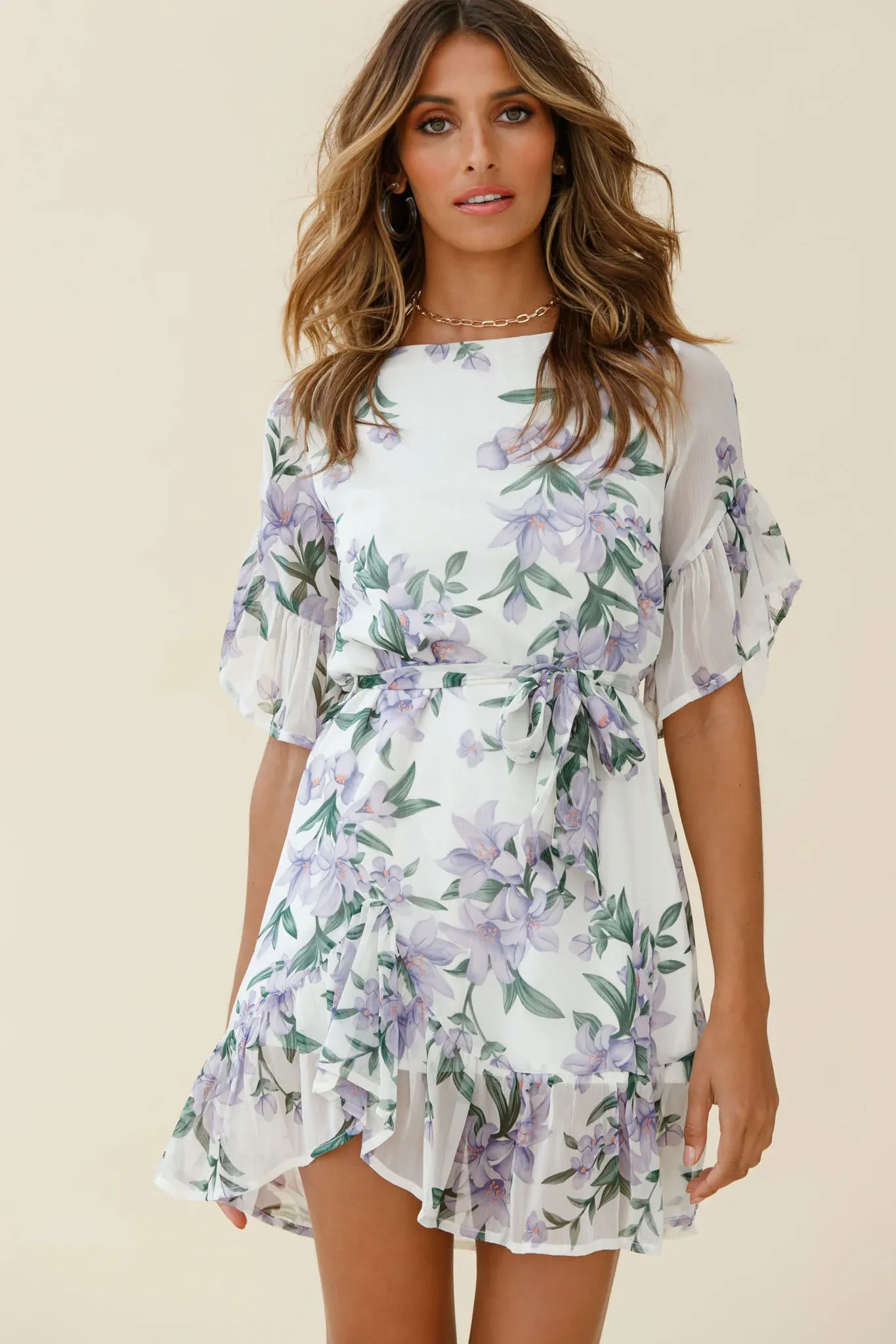 Azealia  Ruffle Hem Dress Flower Print White