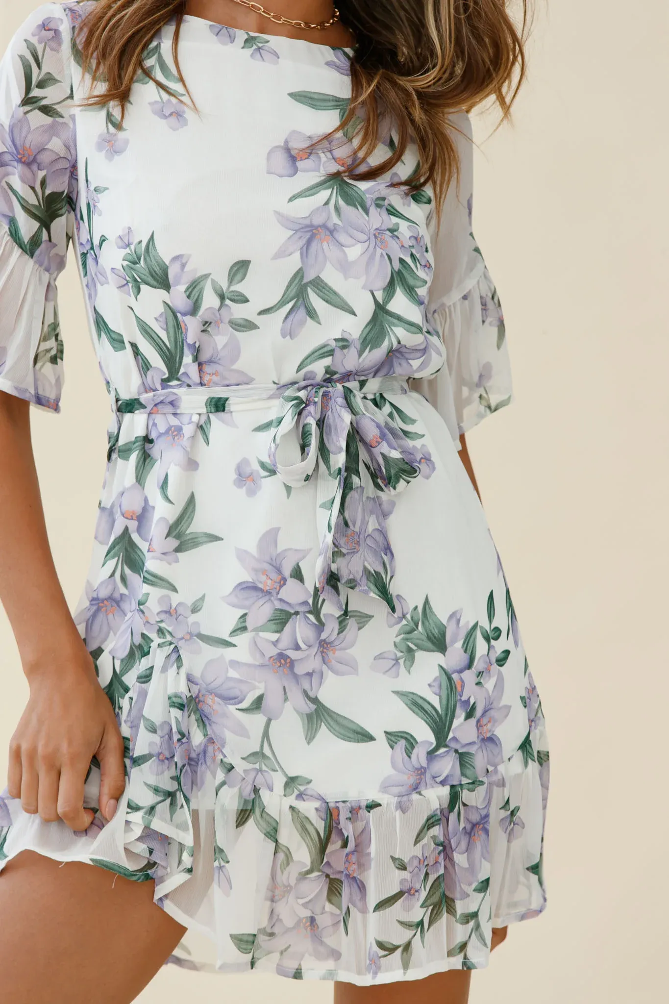 Azealia  Ruffle Hem Dress Flower Print White