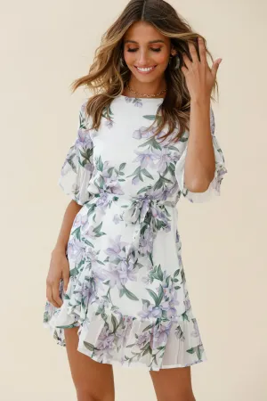 Azealia  Ruffle Hem Dress Flower Print White