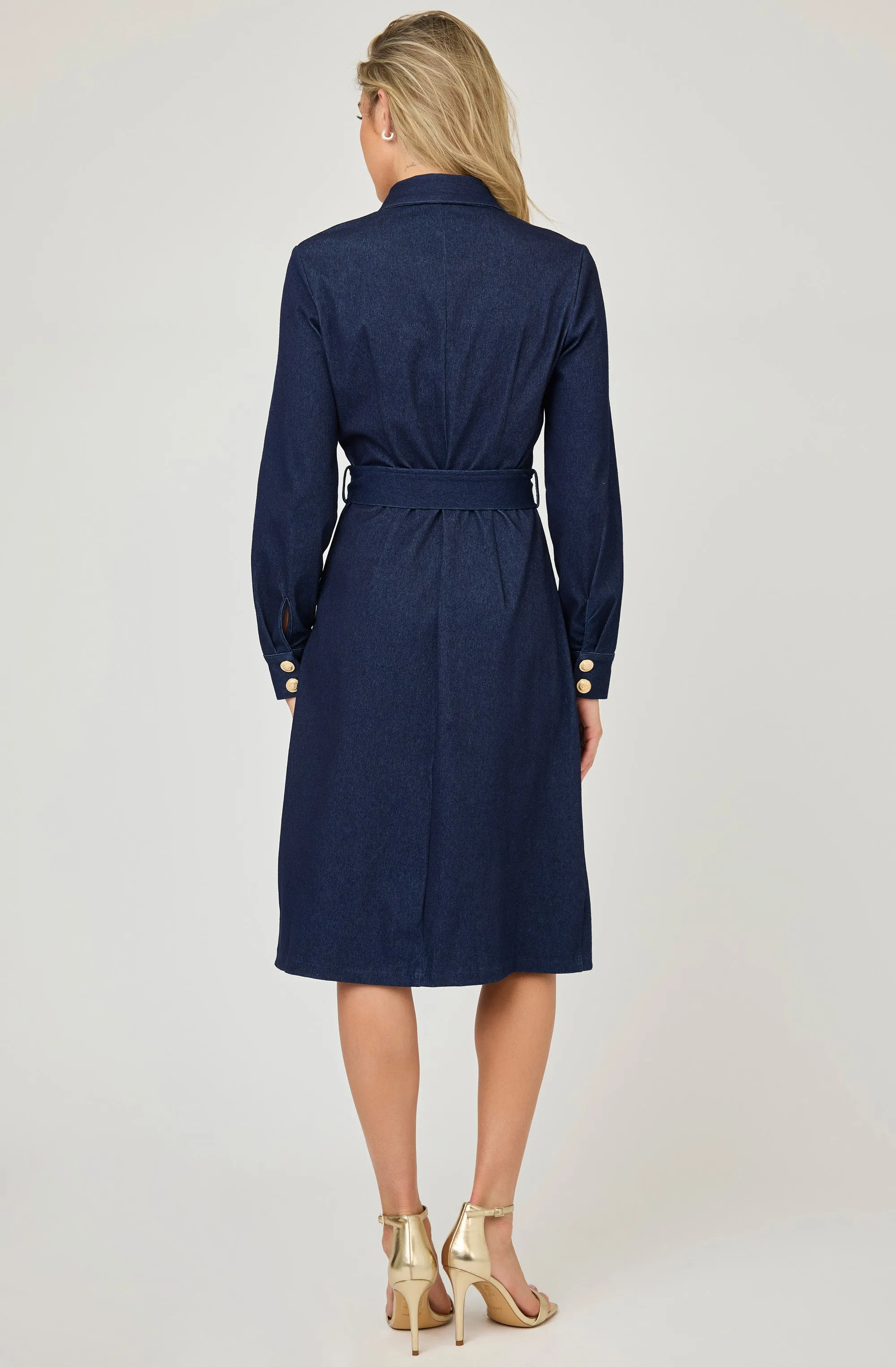 Belted Denim Dress with Gold Buttons
