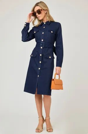Belted Denim Dress with Gold Buttons