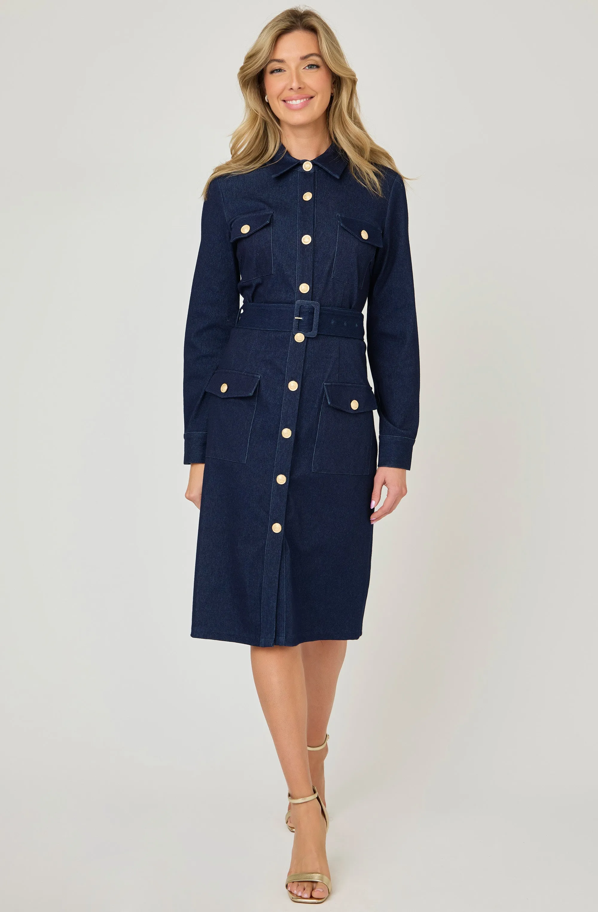 Belted Denim Dress with Gold Buttons