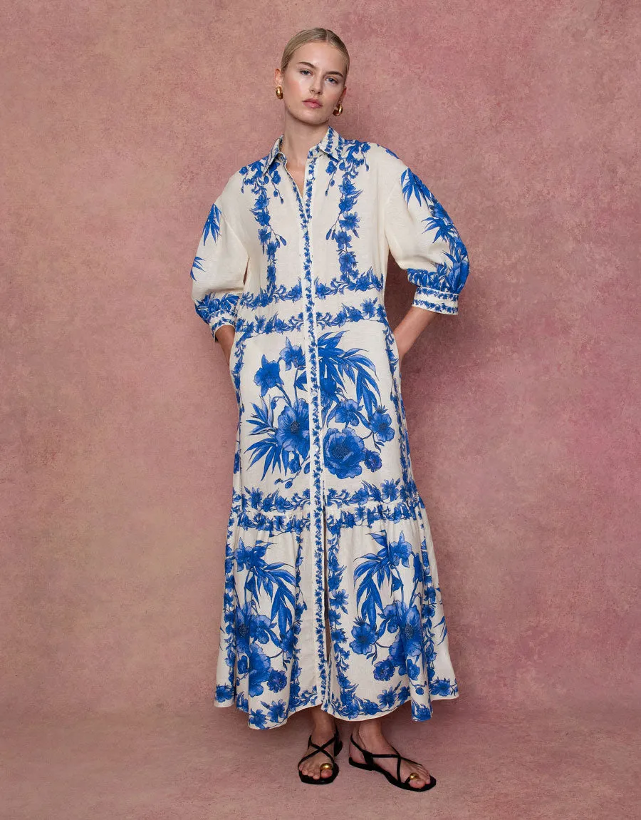 Bianca Linen Maxi Dress - Antigua Blue
