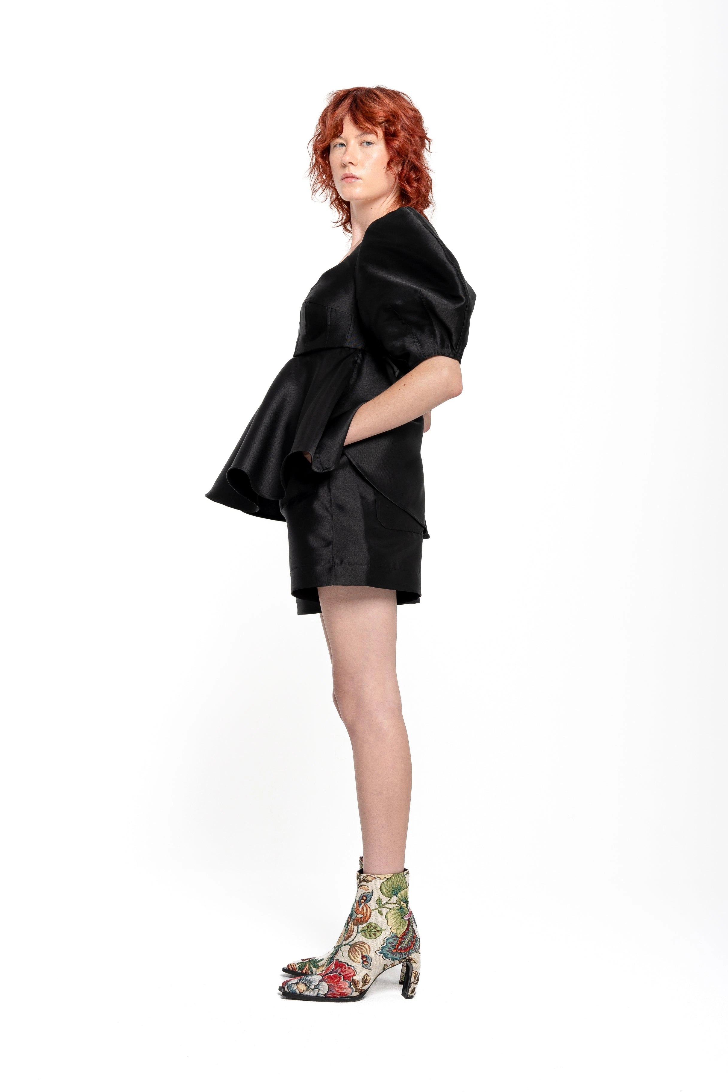 BLACK MIKADO TOP WITH PEPLUM AND BALLON SLEEVES