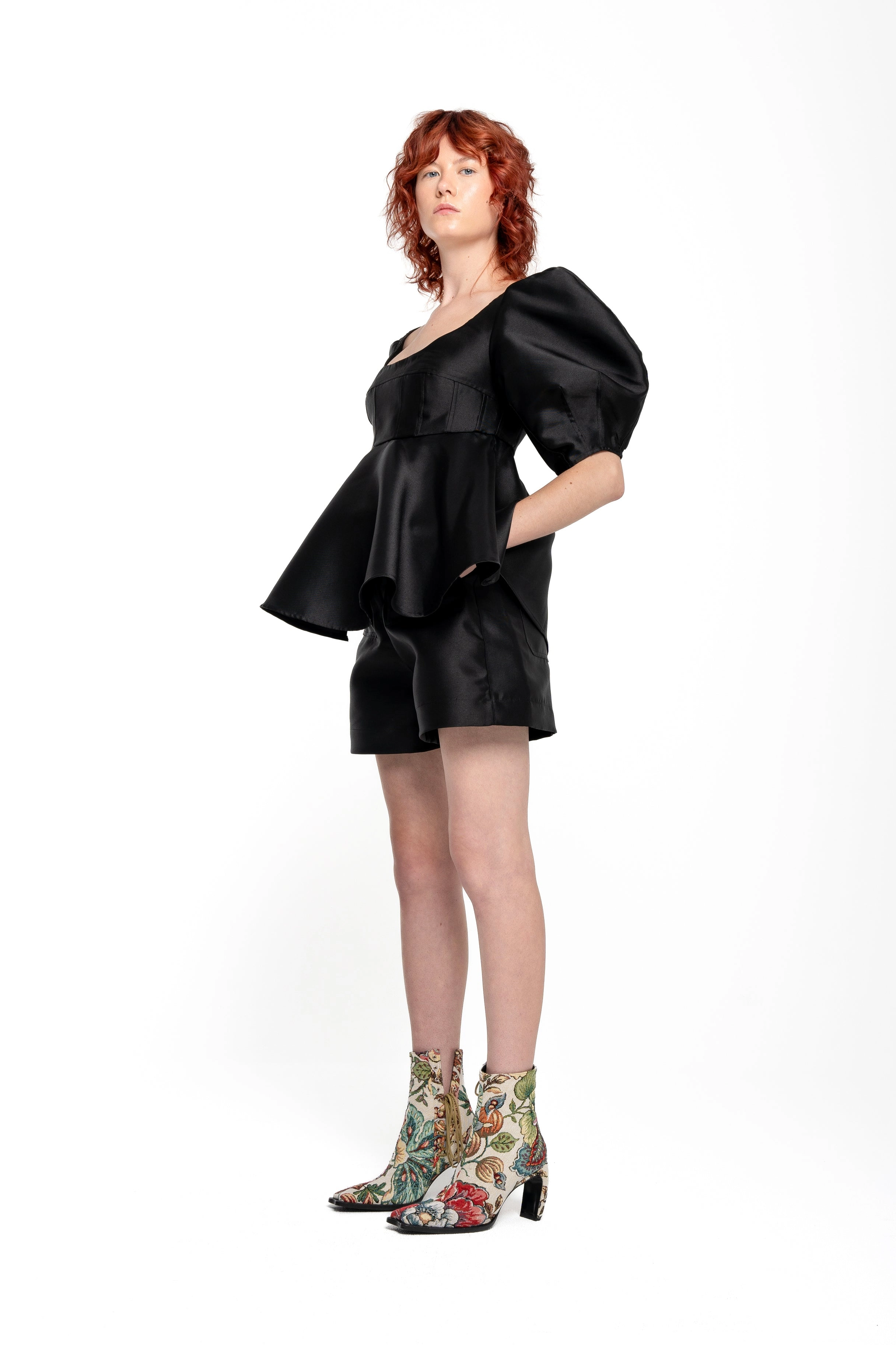BLACK MIKADO TOP WITH PEPLUM AND BALLON SLEEVES