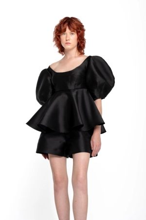 BLACK MIKADO TOP WITH PEPLUM AND BALLON SLEEVES