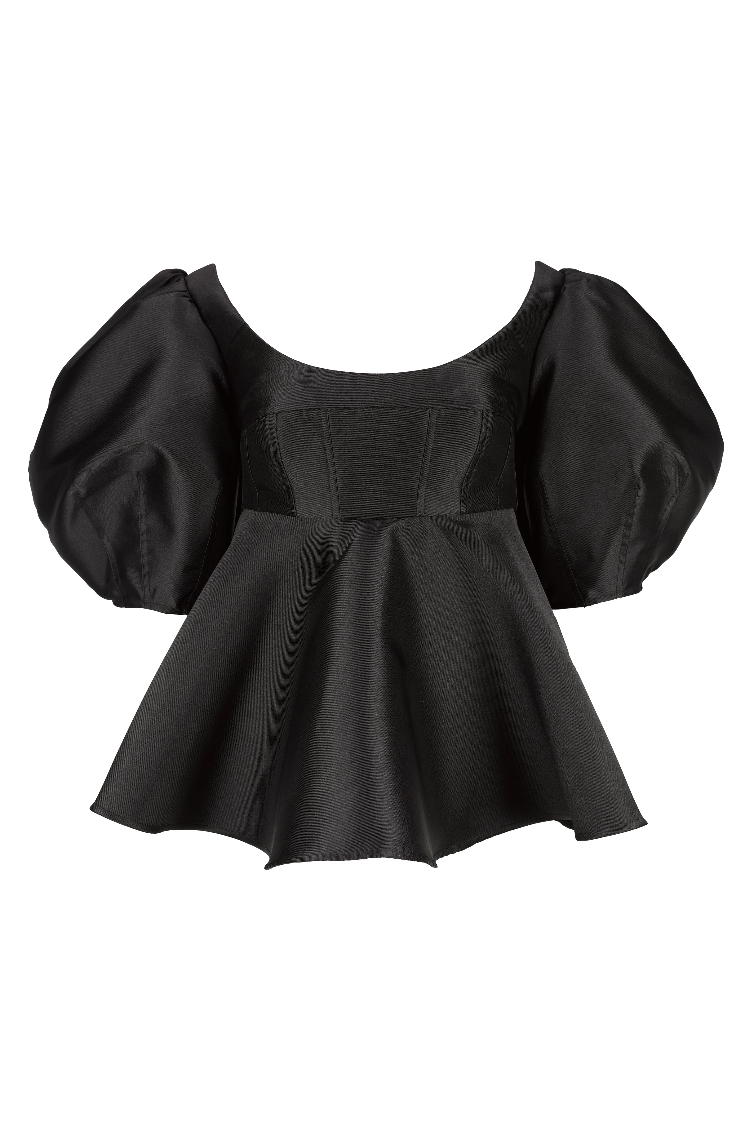 BLACK MIKADO TOP WITH PEPLUM AND BALLON SLEEVES