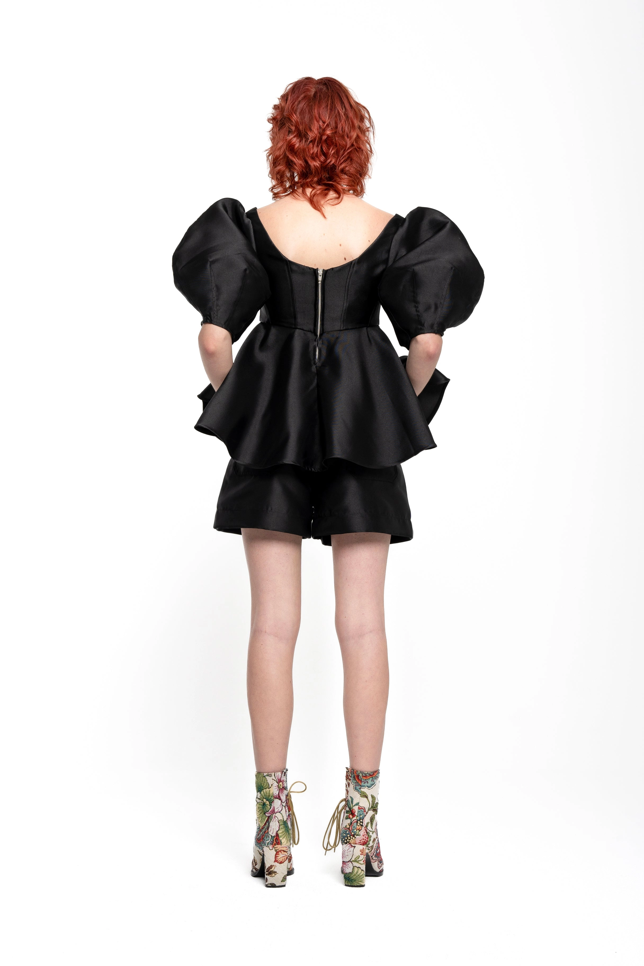 BLACK MIKADO TOP WITH PEPLUM AND BALLON SLEEVES
