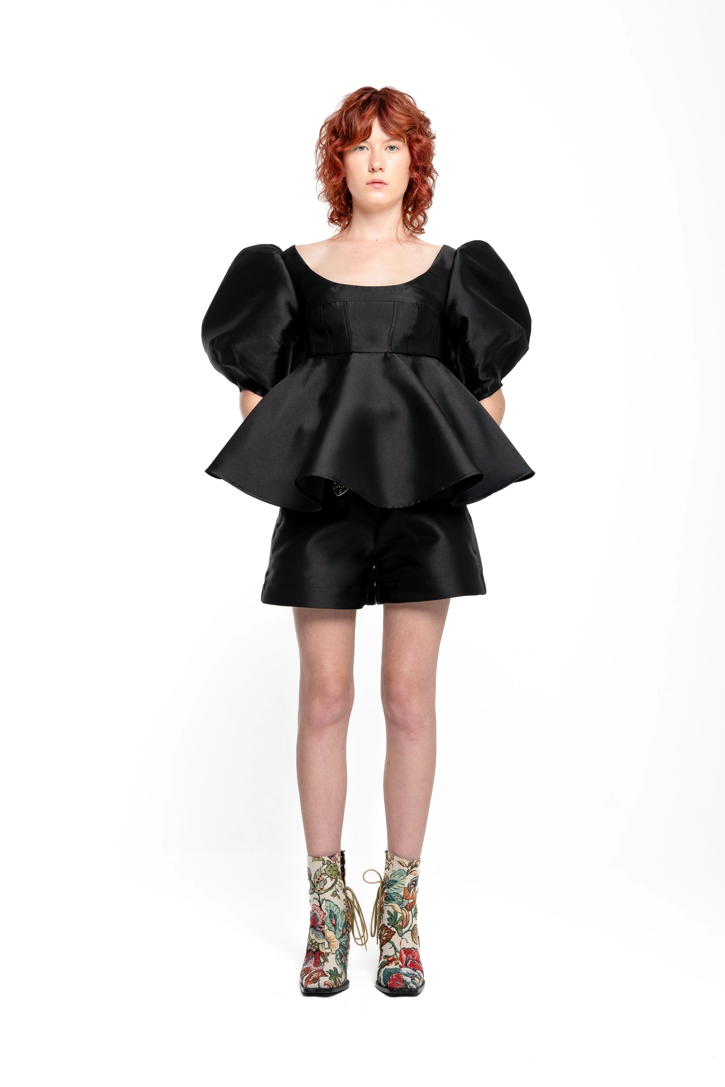 BLACK MIKADO TOP WITH PEPLUM AND BALLON SLEEVES