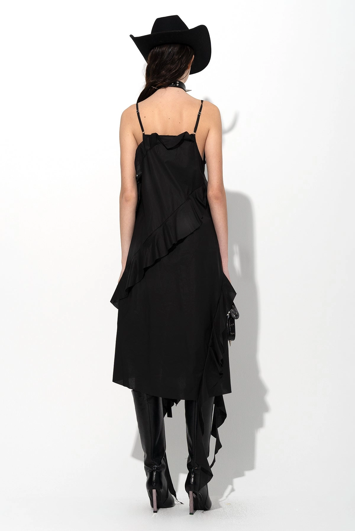 BLACK STRAP DRESS WITH ASYMMETRIC CASCADING FRILLS