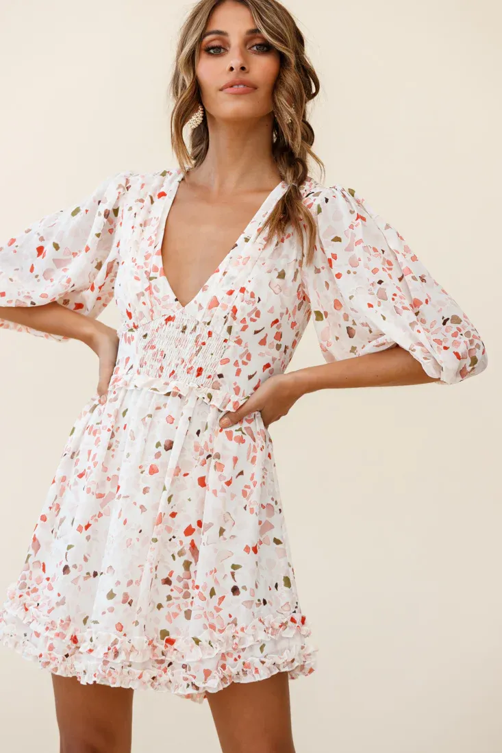 Born Free Shirring Detail Frill Trim Dress Pink Multi