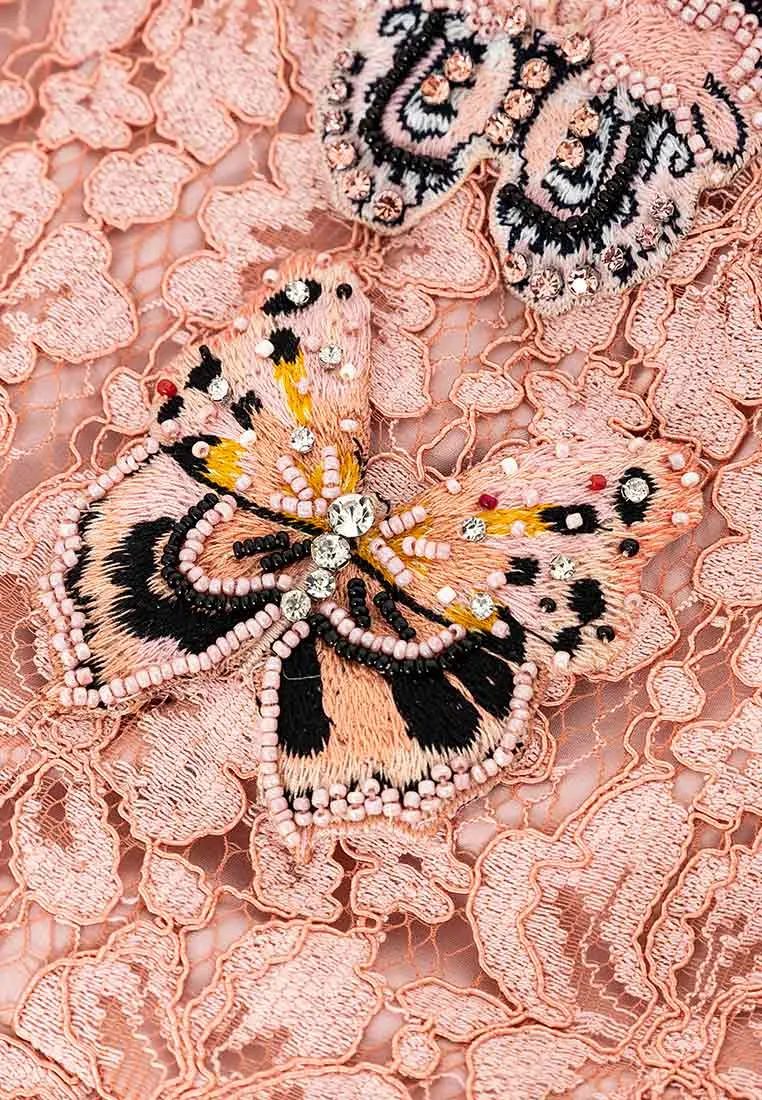 Butterfly-embroidered peach lace dress
