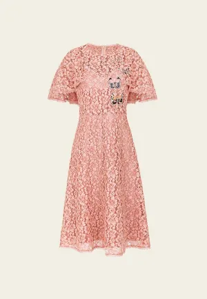 Butterfly-embroidered peach lace dress