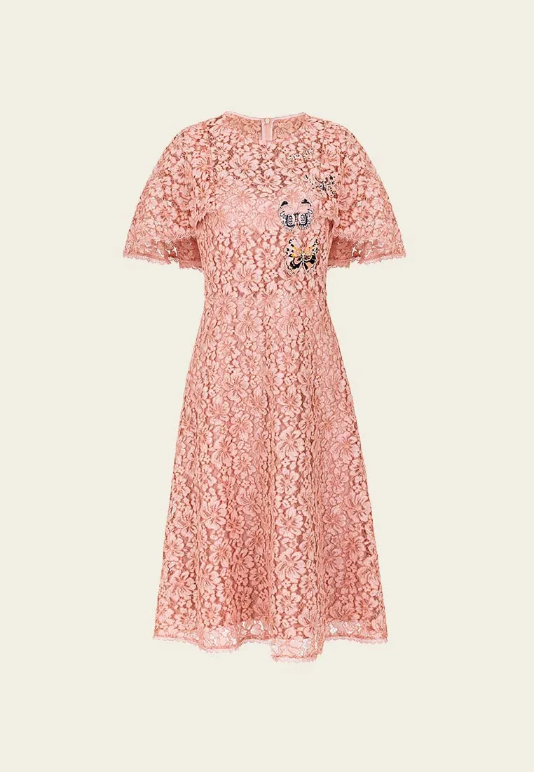 Butterfly-embroidered peach lace dress