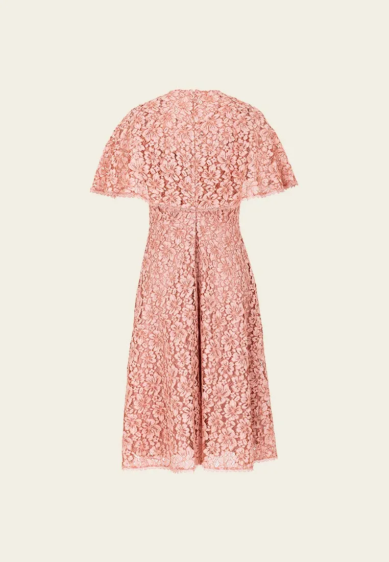 Butterfly-embroidered peach lace dress