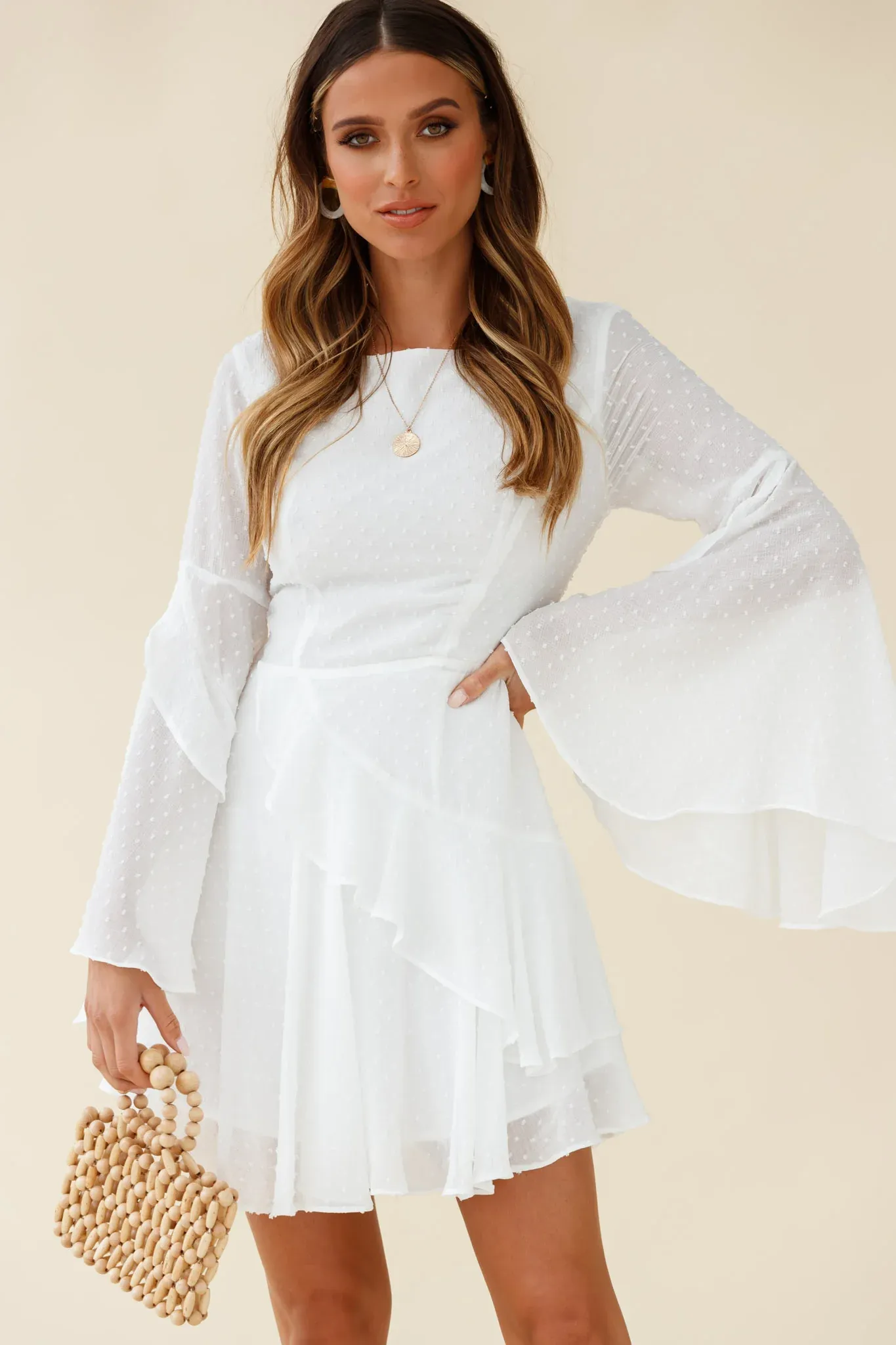 Carlini Flared Sleeve Boat Neckline Dress White