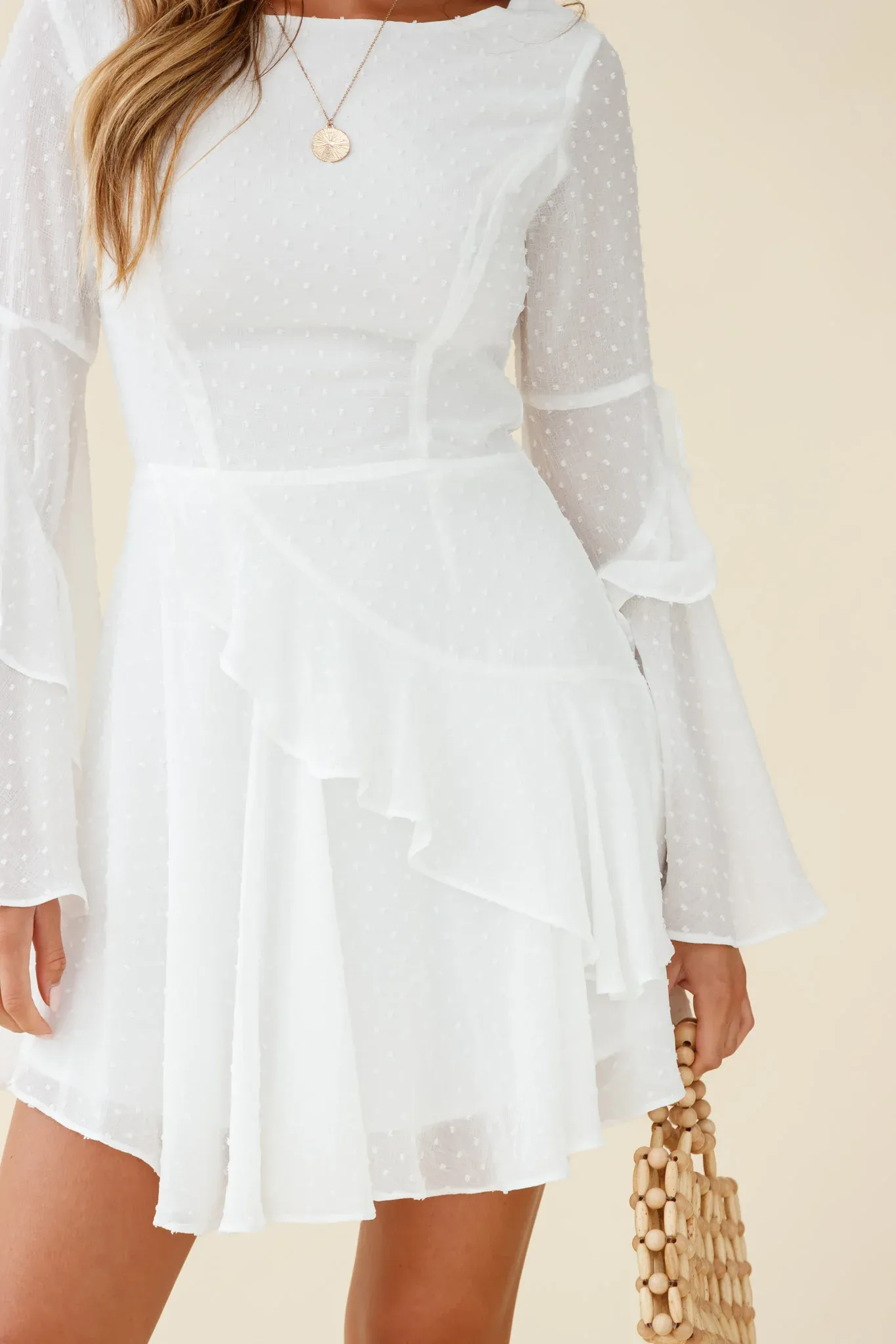 Carlini Flared Sleeve Boat Neckline Dress White