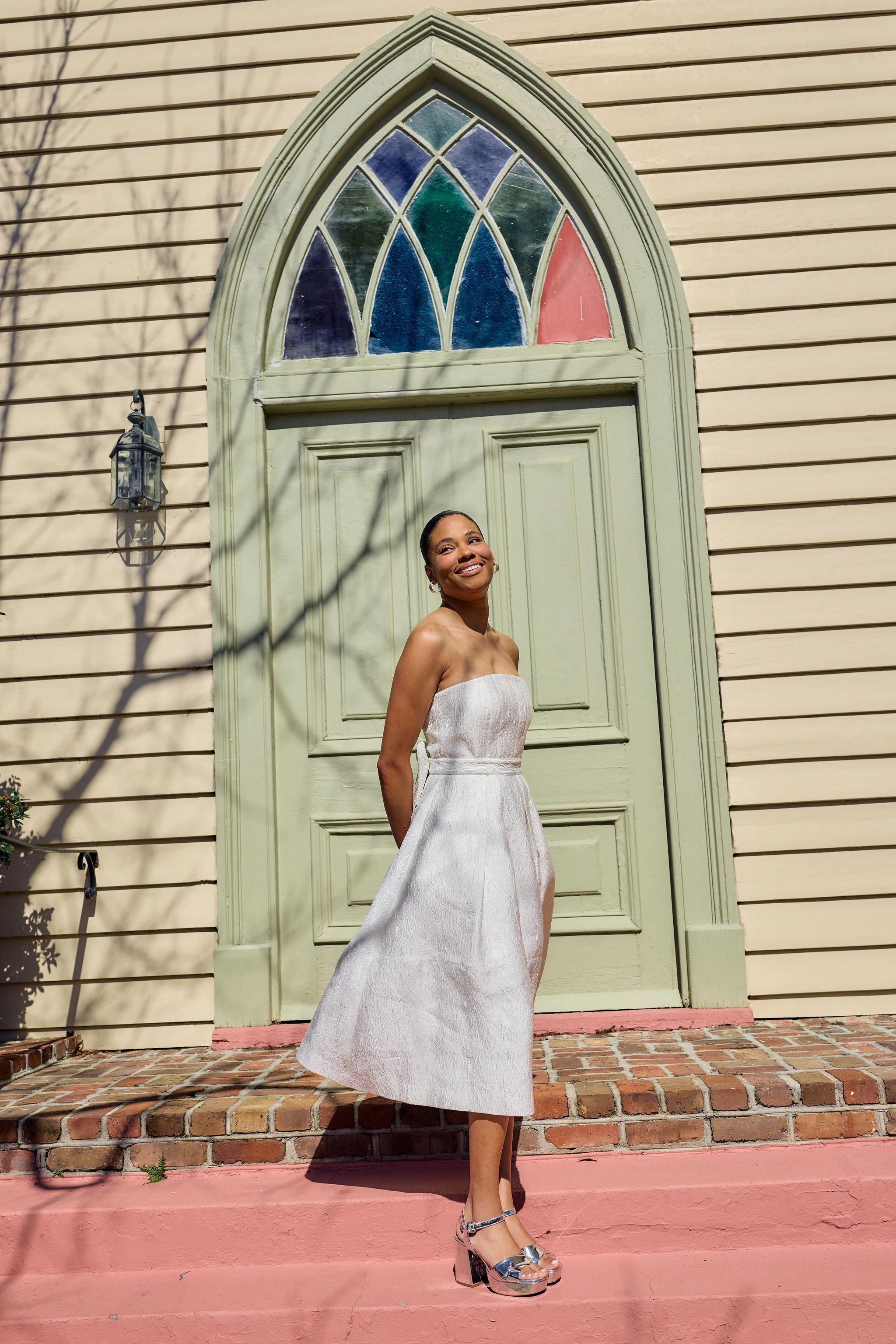 Catherine Dress White Sunflower Jacquard
