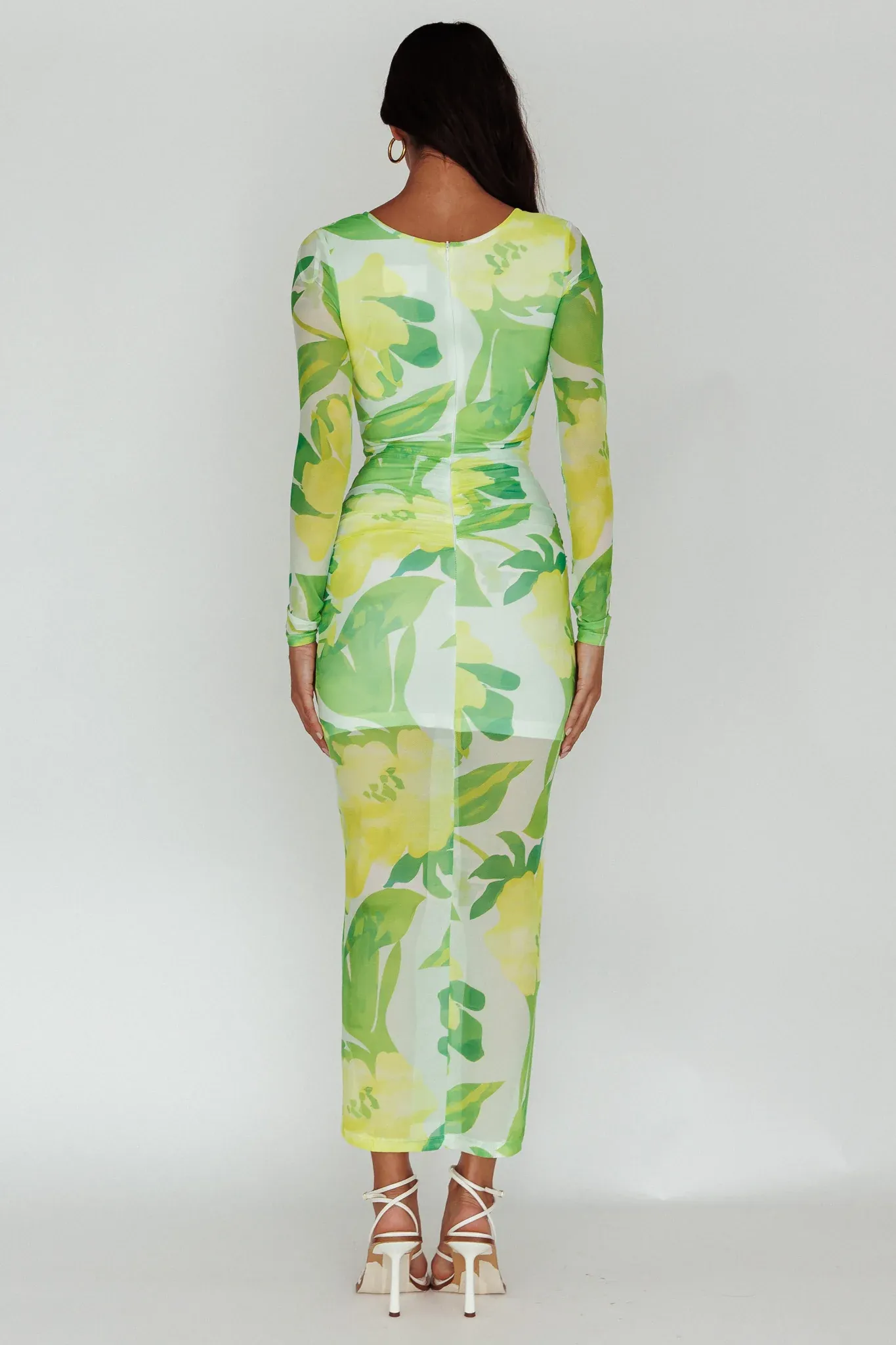 Chardae Long Sleeve Mesh Midi Dress Floral Green