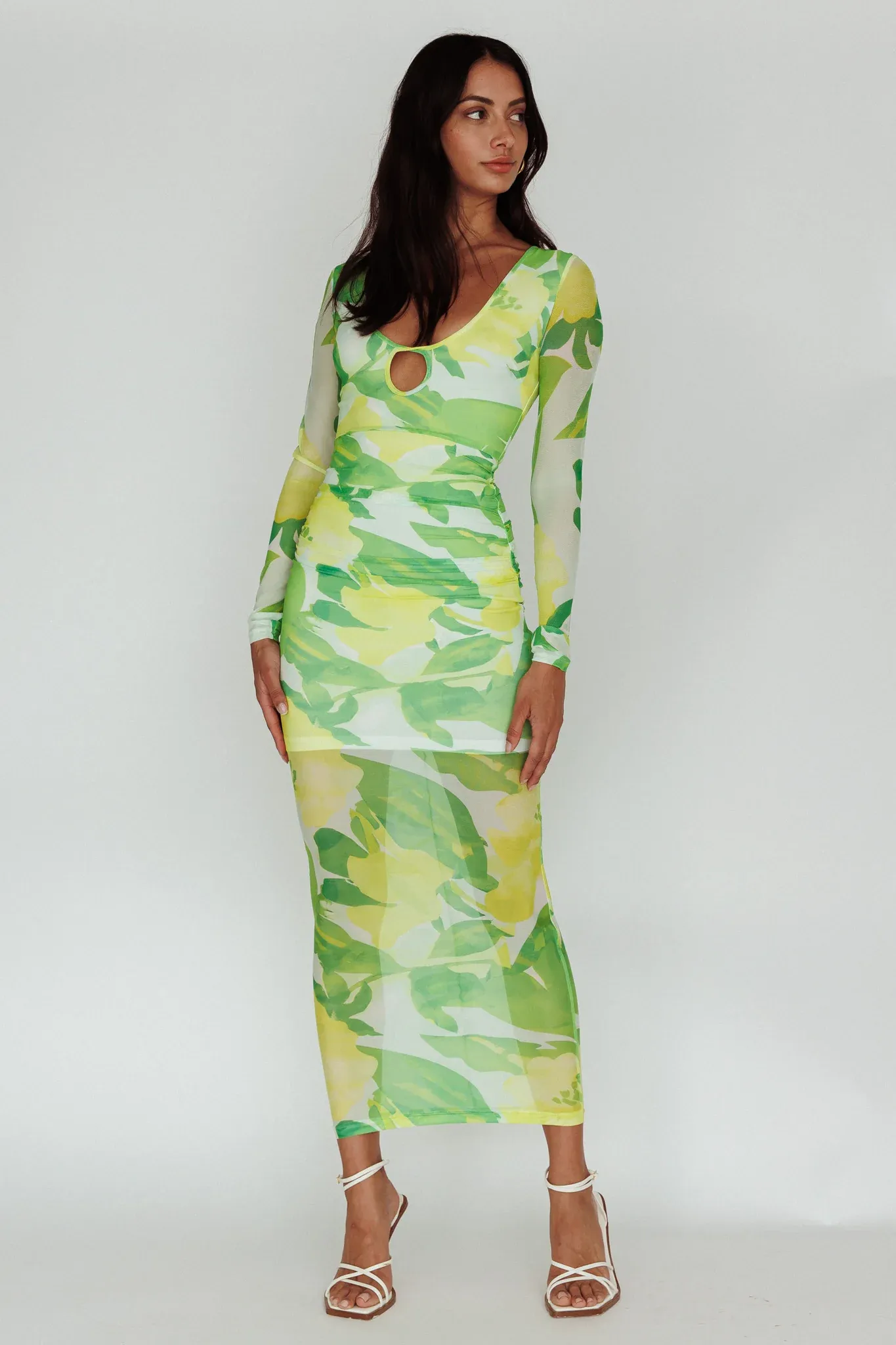 Chardae Long Sleeve Mesh Midi Dress Floral Green
