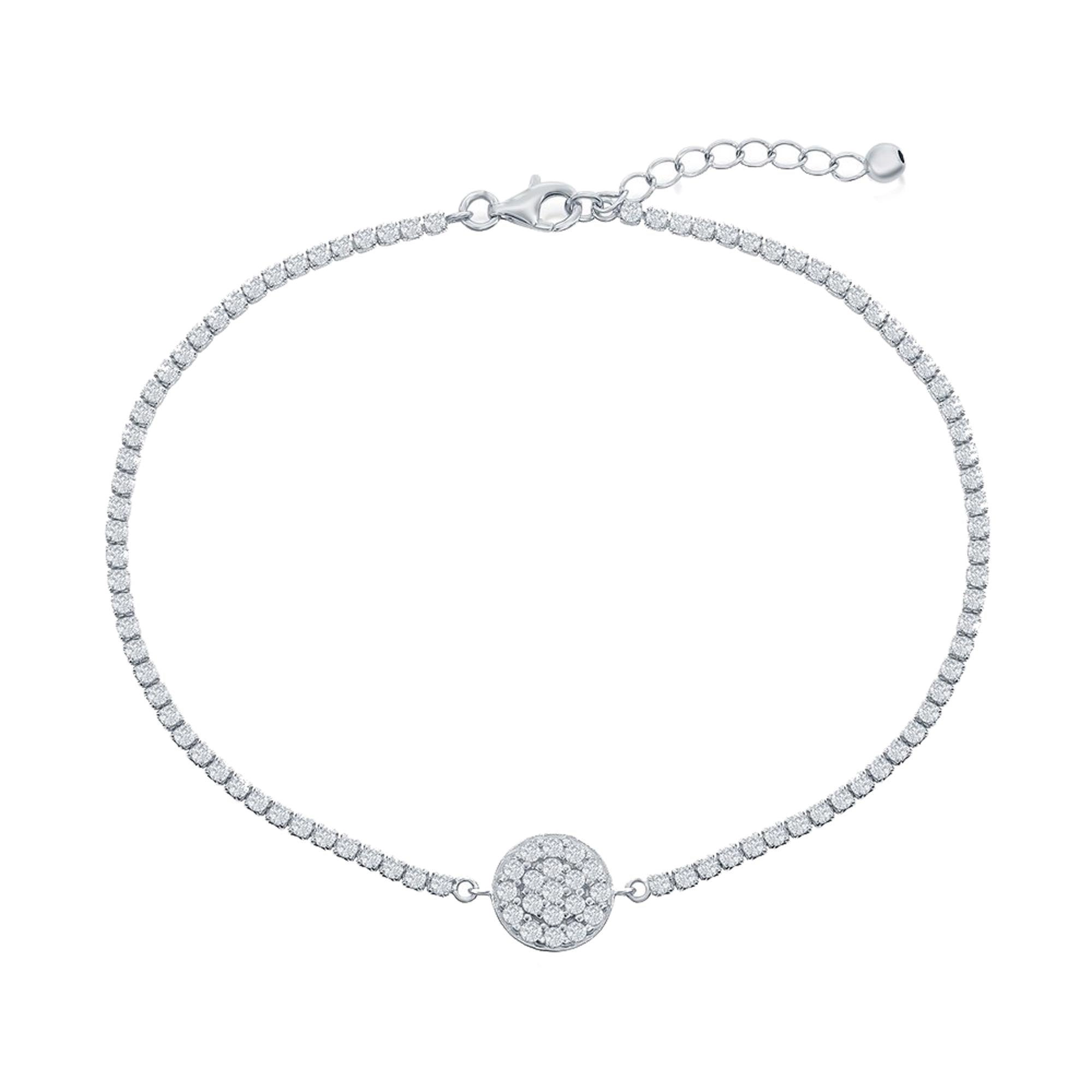 Classic Women's Anklet - Sterling Silver Round Disc Design White CZ Tennis | R-9288