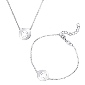 Classic Women's Bracelet and Necklace Set - Cut-Out Shiny C Disc Initial | SET-503