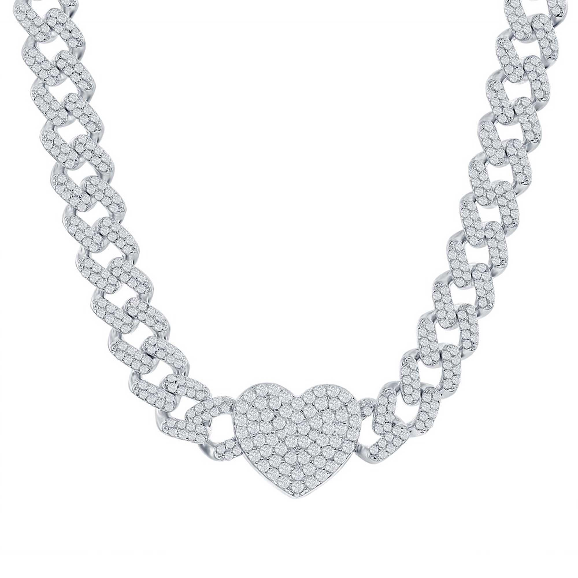 Classic Women's Necklace - Sterling Silver Micro Pave CZ Monaco Chain Heart | M-6922