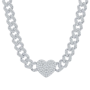 Classic Women's Necklace - Sterling Silver Micro Pave CZ Monaco Chain Heart | M-6922