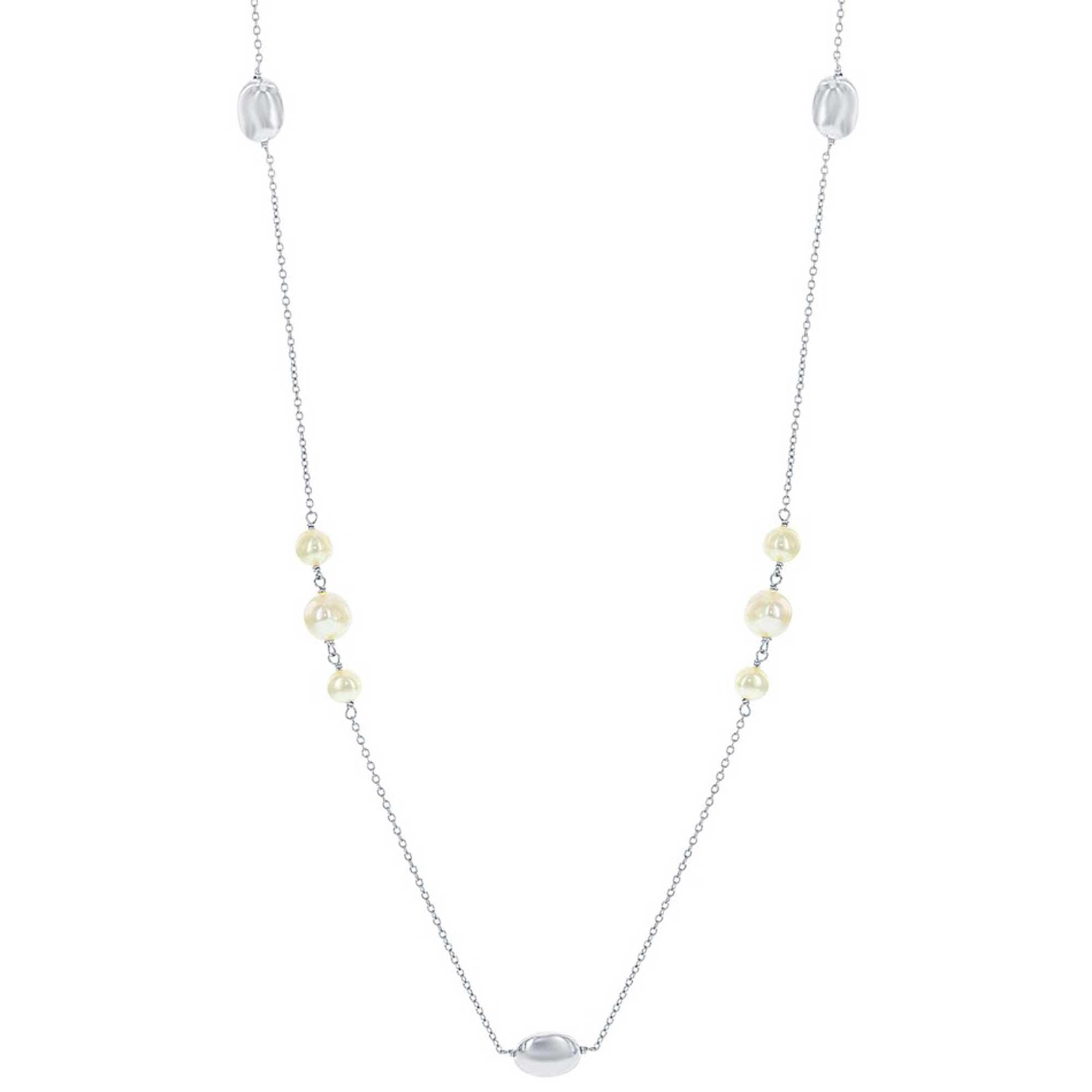 Classic Women's Necklace - Sterling Silver Round FWP with Shiny Oval Beads | M-5448