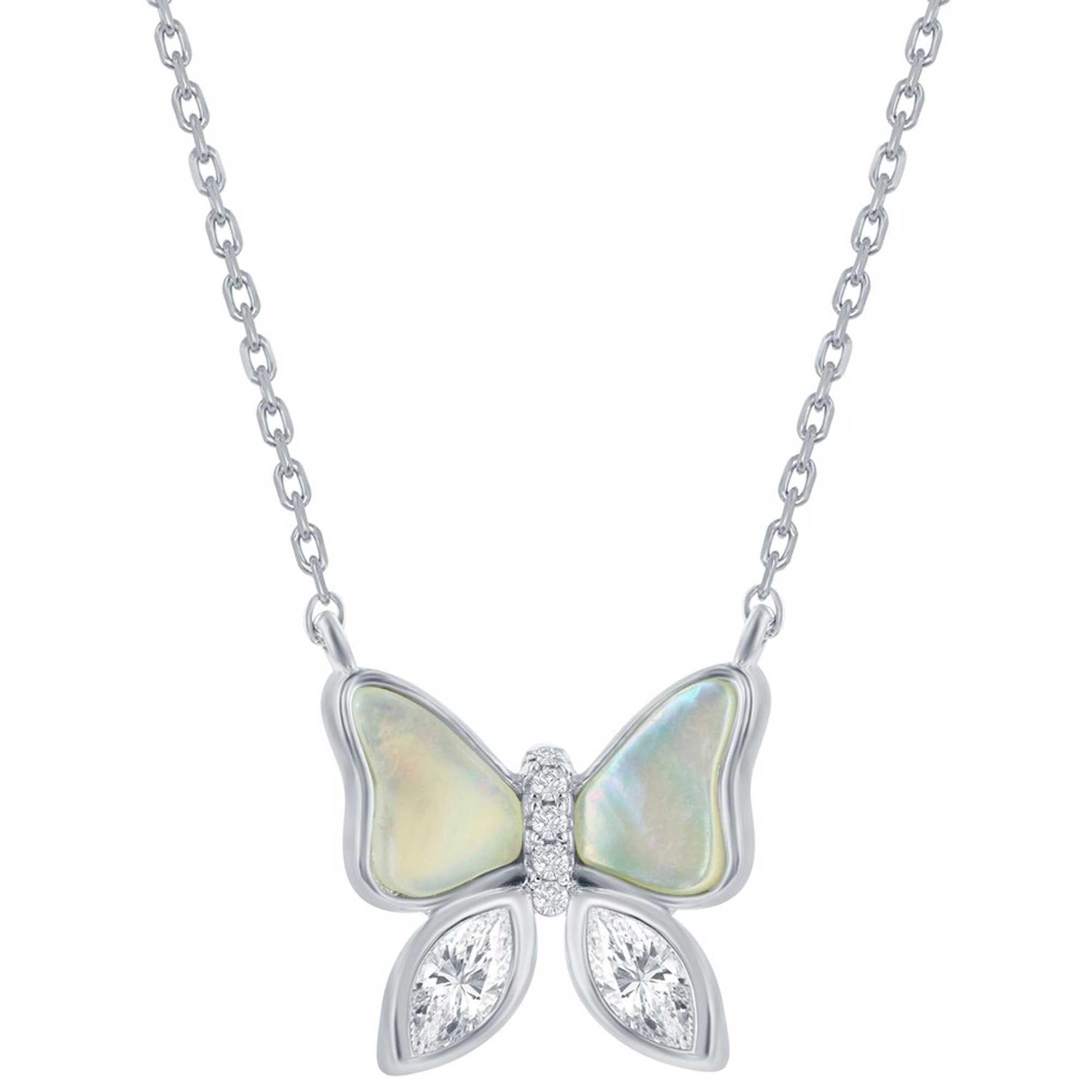 Classic Women's Necklace - Sterling Silver White MOP and CZ Butterfly Shaped | M-7094