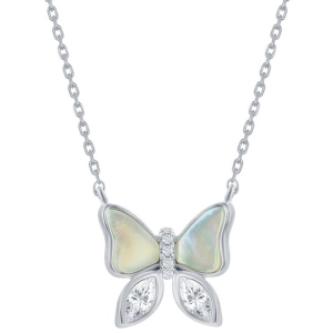 Classic Women's Necklace - Sterling Silver White MOP and CZ Butterfly Shaped | M-7094
