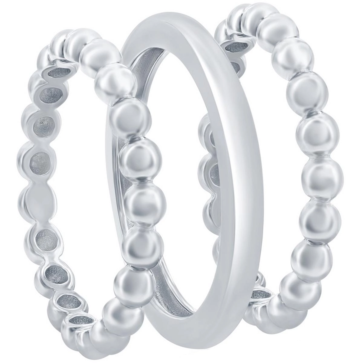 Classic Women's Silver Beaded and Plain 3PC Ring - W-2768