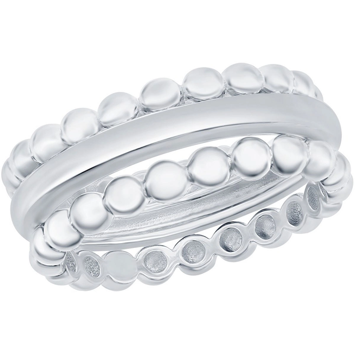 Classic Women's Silver Beaded and Plain 3PC Ring - W-2768