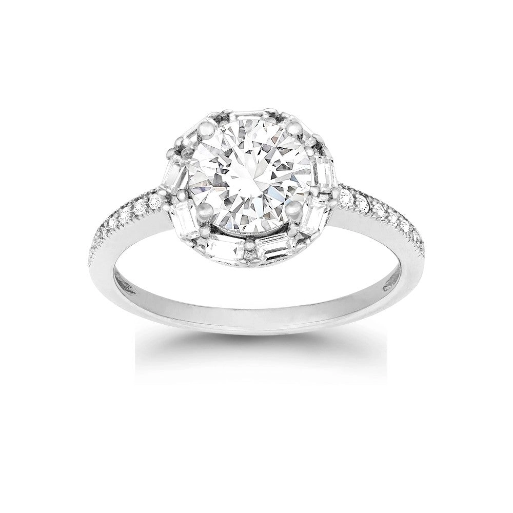 Classic Women's Silver Halo Style White CZ Ring - W-9895