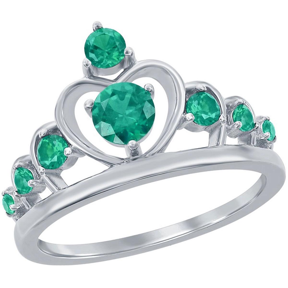 Classic Women's Silver Nano Green CZ Crown Ring - W-2730