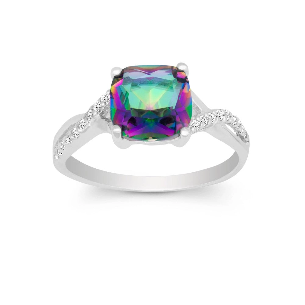 Classic Women's Silver Square Rainbow CZ Ring - W-9863