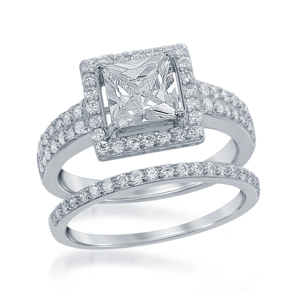 Classic Women's Square CZ Engagement Ring Set - W-1370
