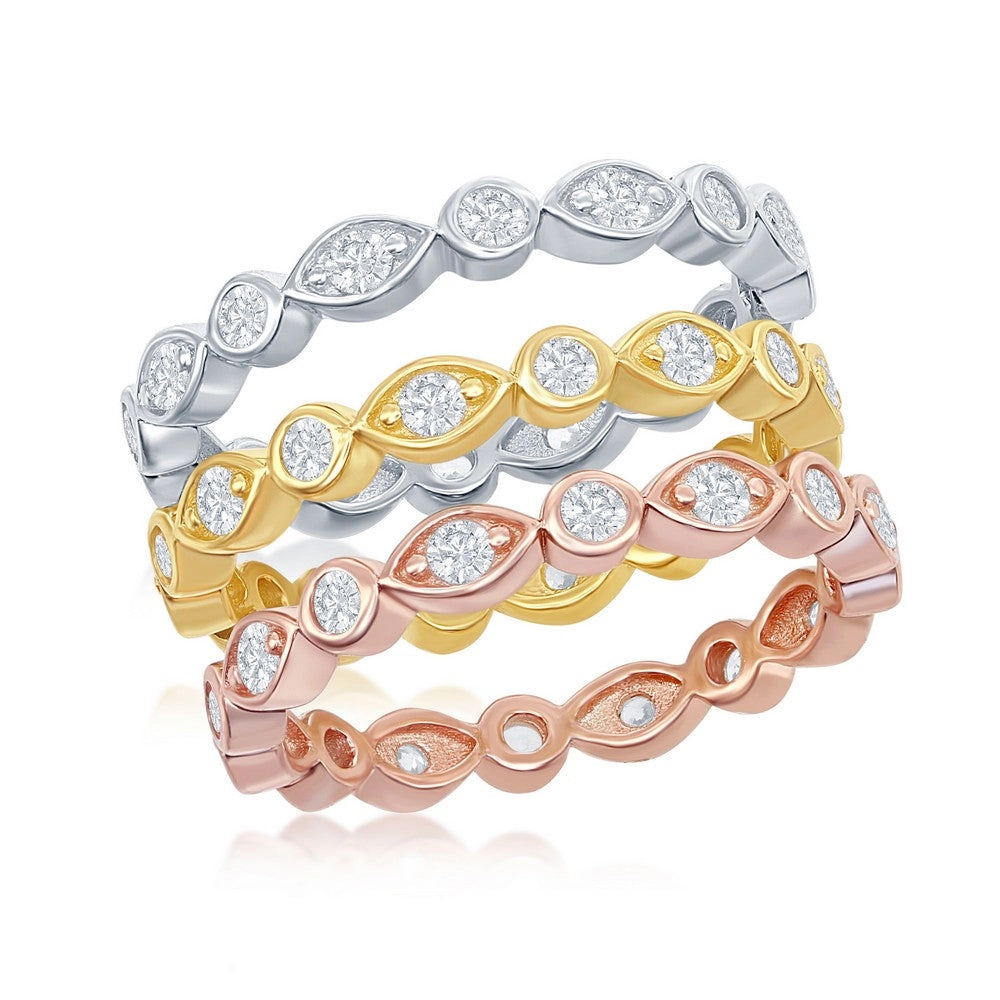 Classic Women's Tri-Color White CZ Band Ring - W-8979