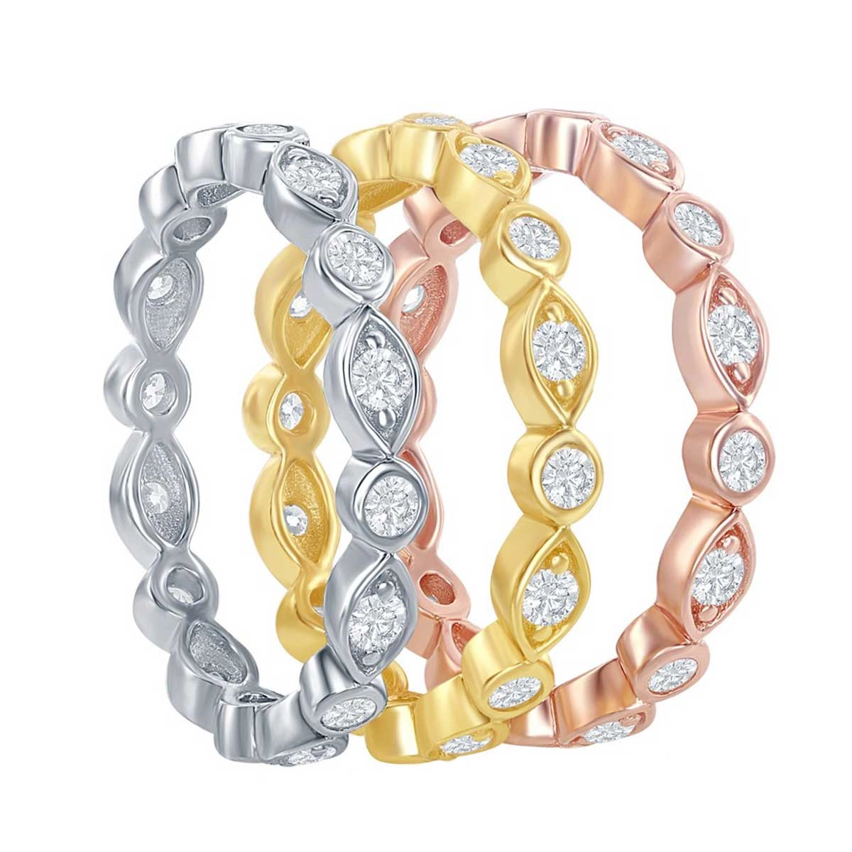 Classic Women's Tri-Color White CZ Band Ring - W-8979
