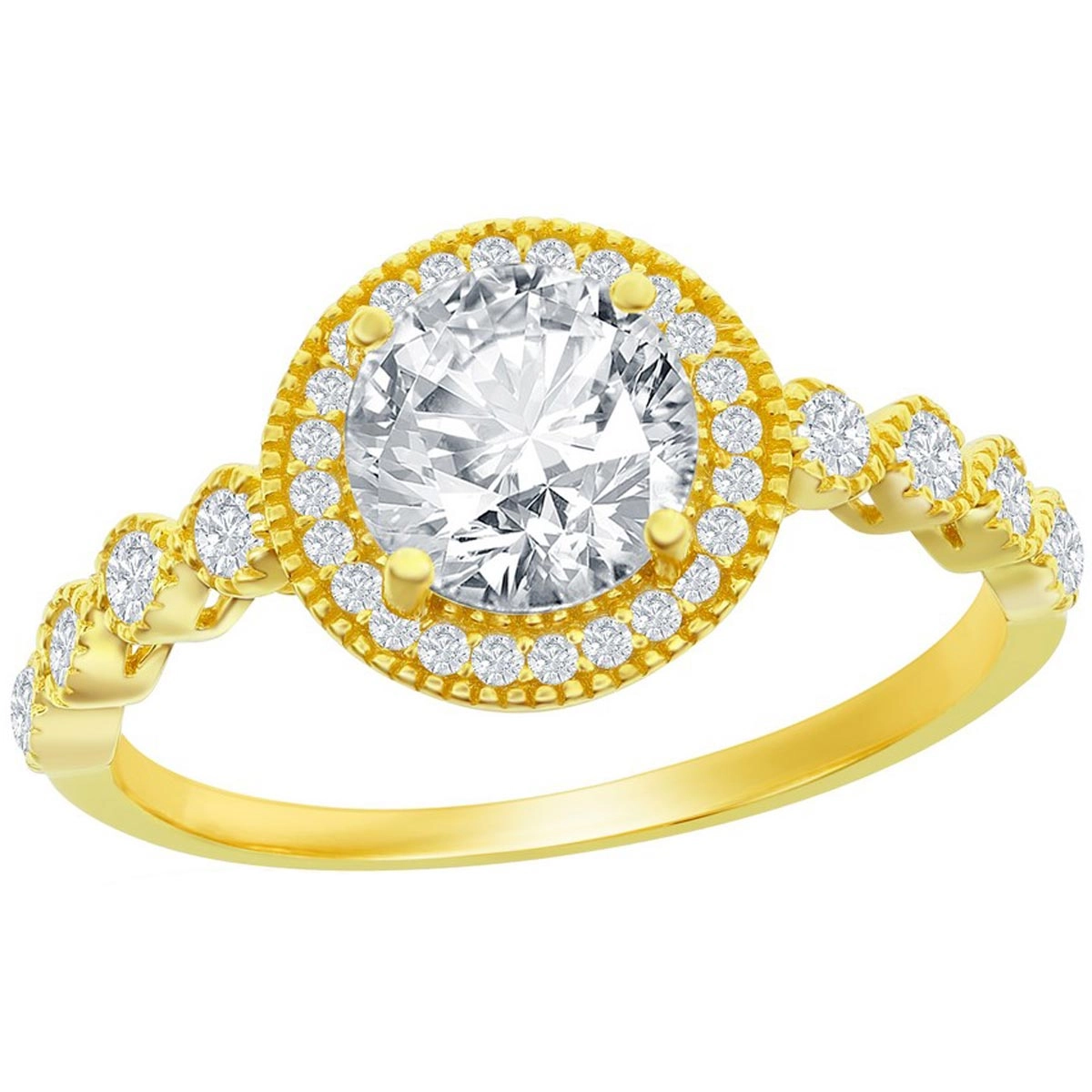 Classic Women's YG Plated Round Pave Halo CZ Ring - W-2846