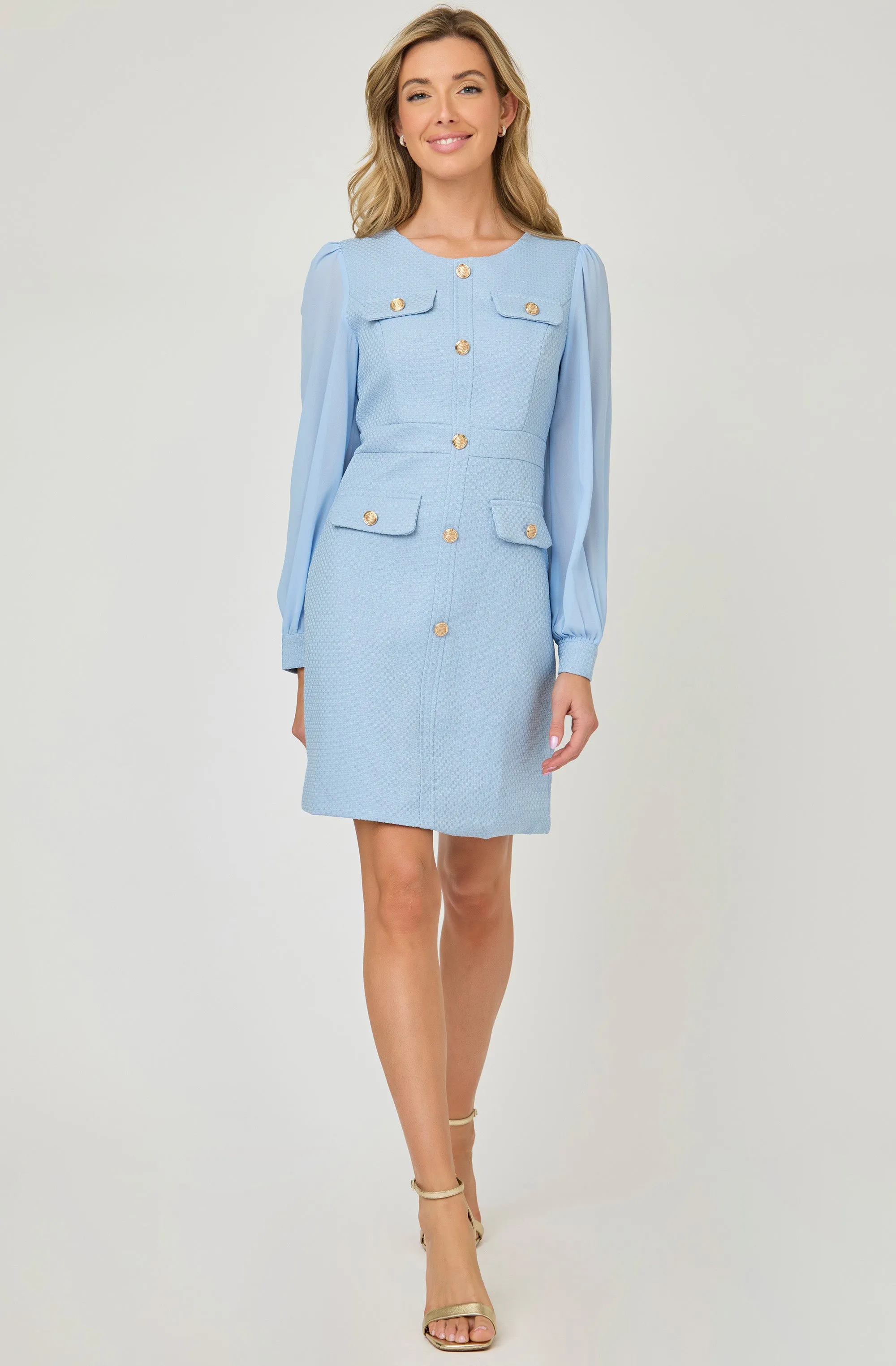 Embossed Fitted Dress with Chiffon Puff Sleeves