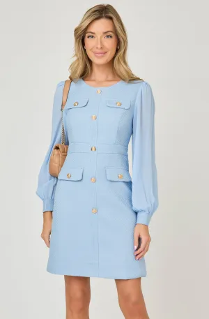 Embossed Fitted Dress with Chiffon Puff Sleeves