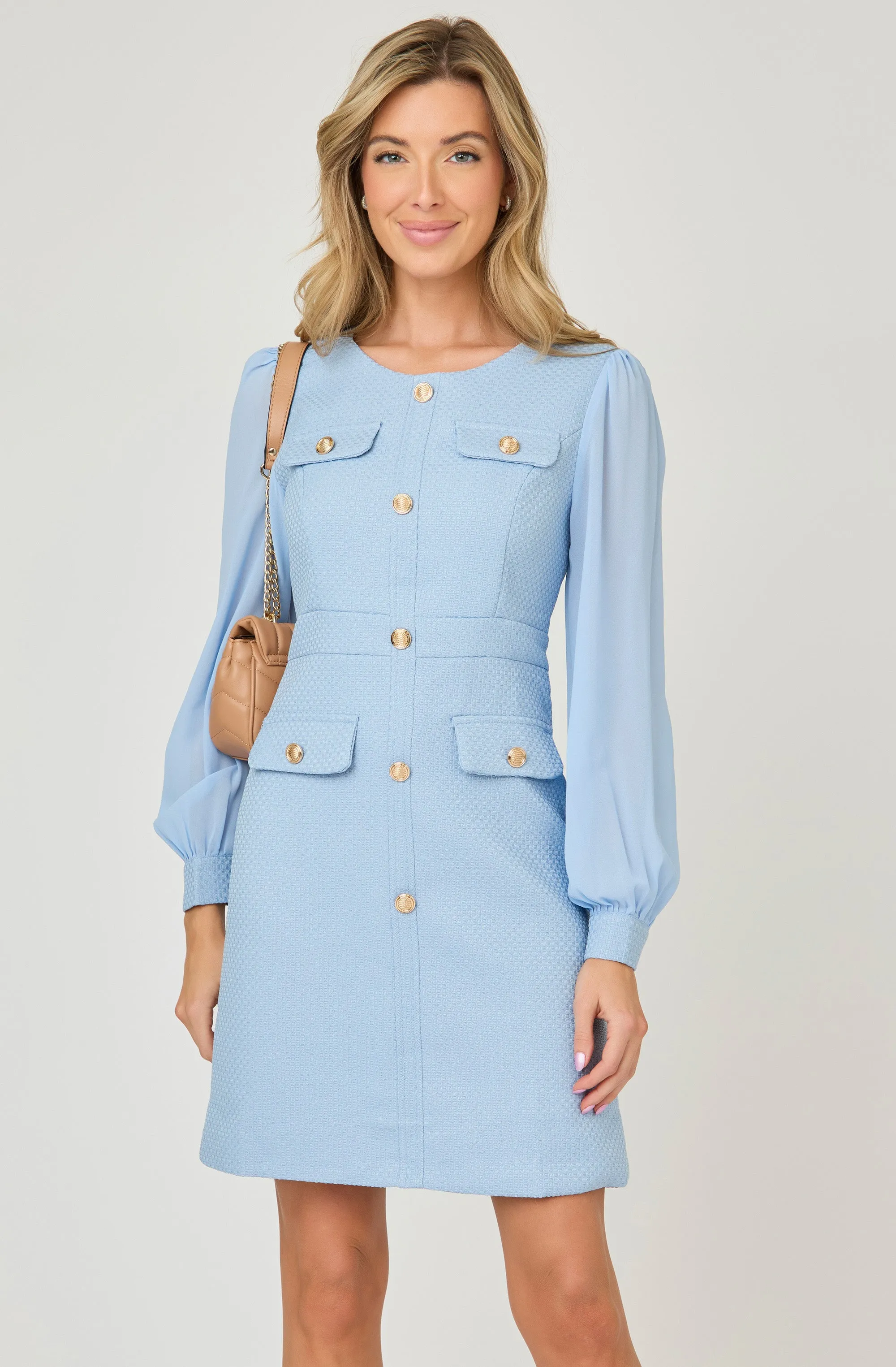 Embossed Fitted Dress with Chiffon Puff Sleeves