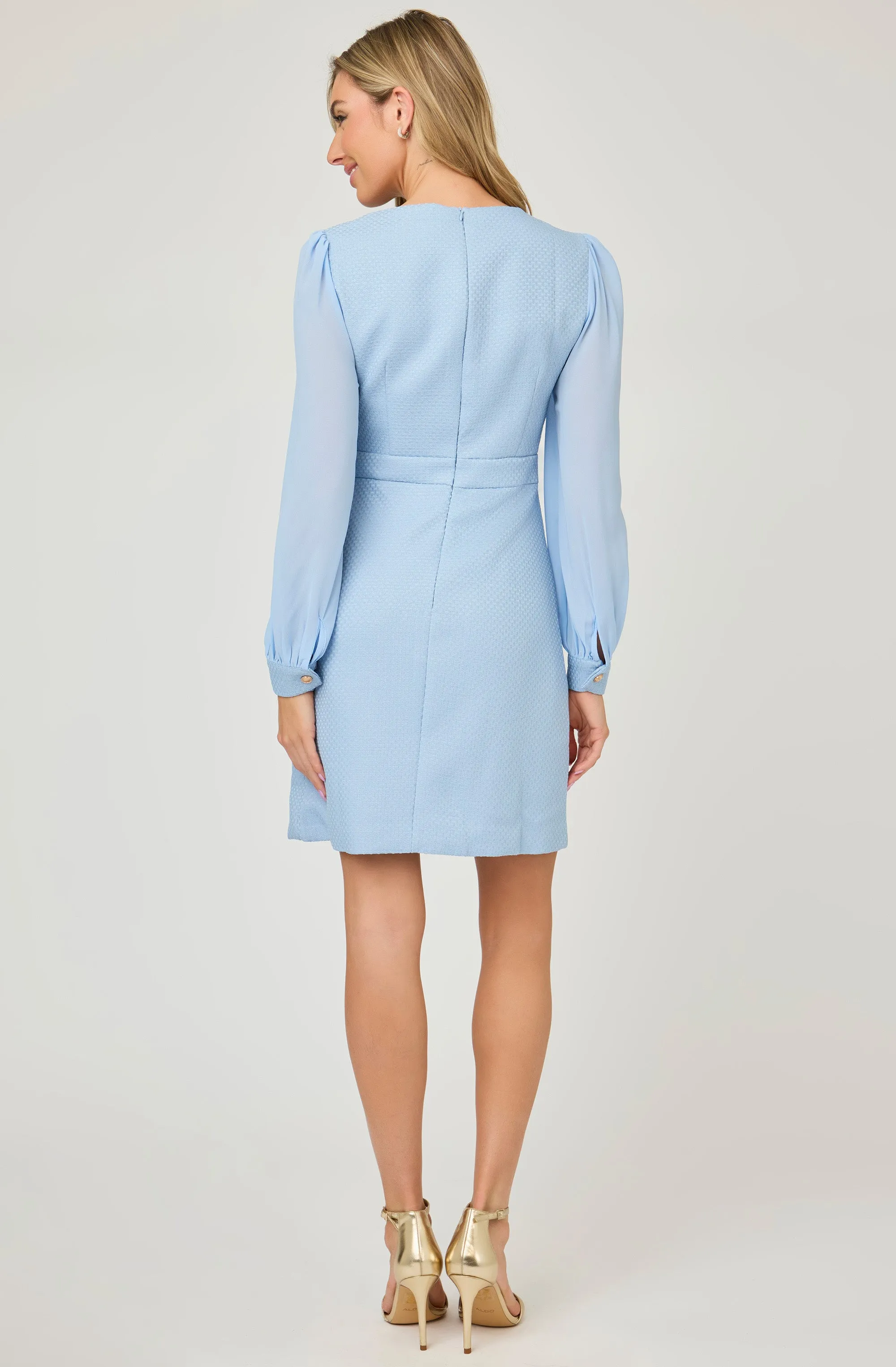 Embossed Fitted Dress with Chiffon Puff Sleeves