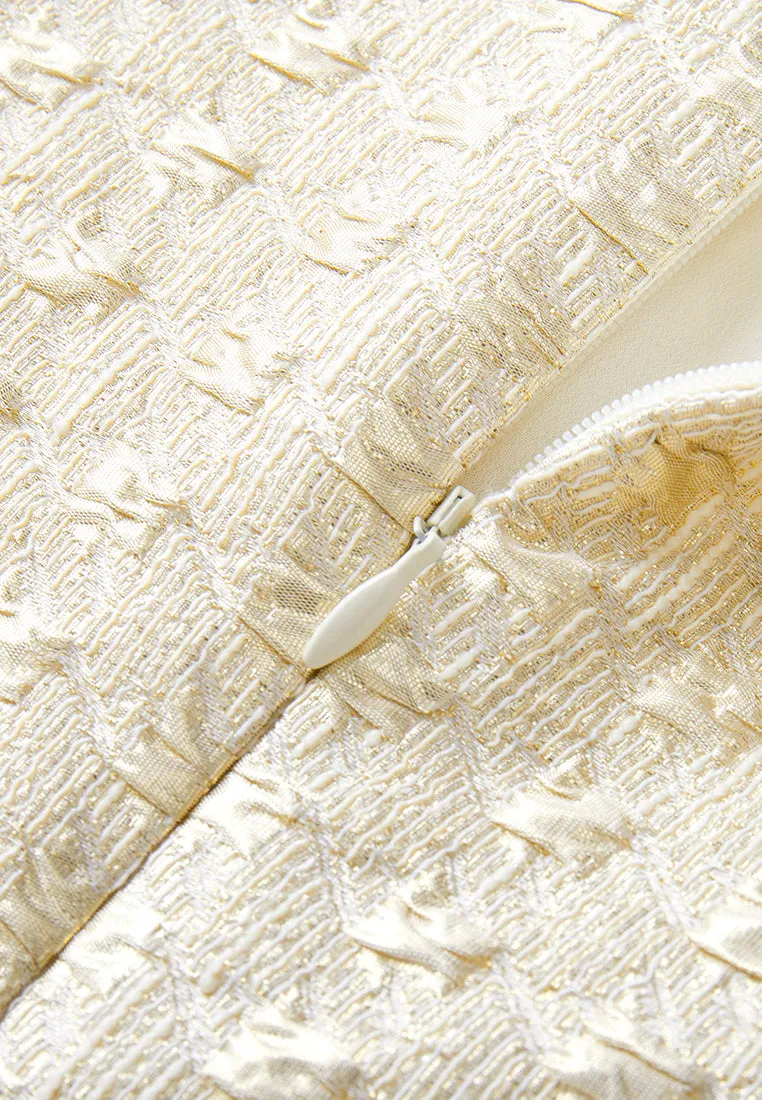 Embossed Jacquard Embellished-trim Patch-pocket Dress