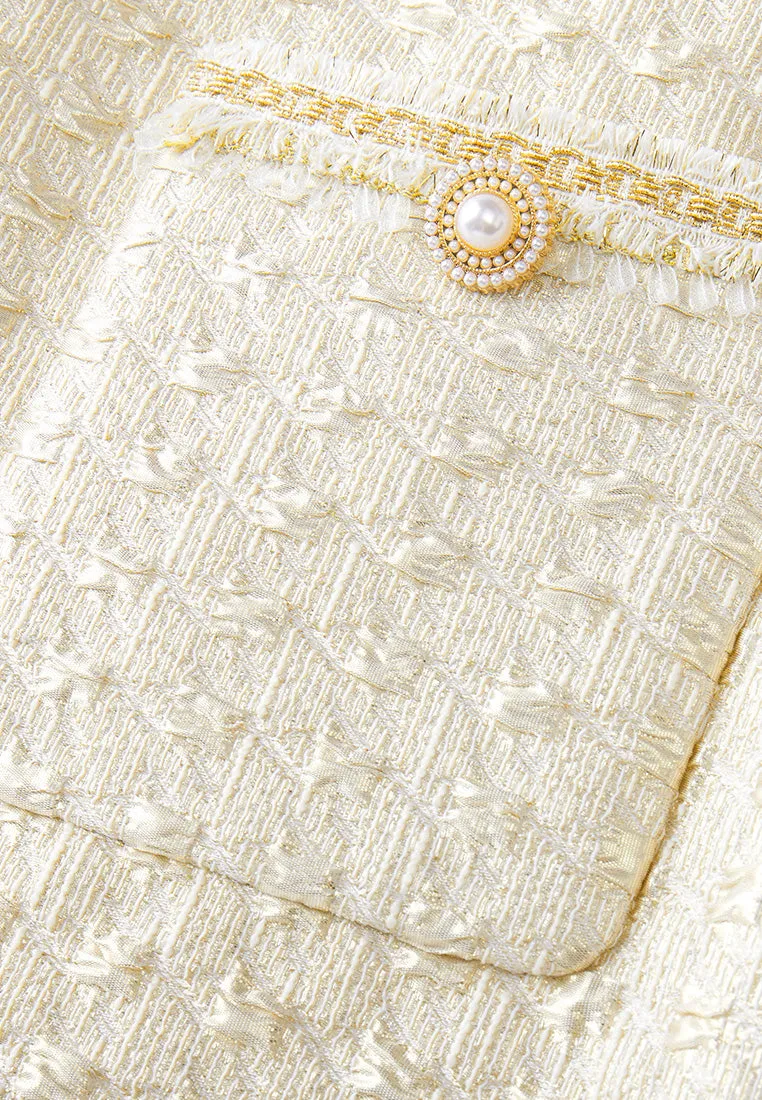 Embossed Jacquard Embellished-trim Patch-pocket Dress
