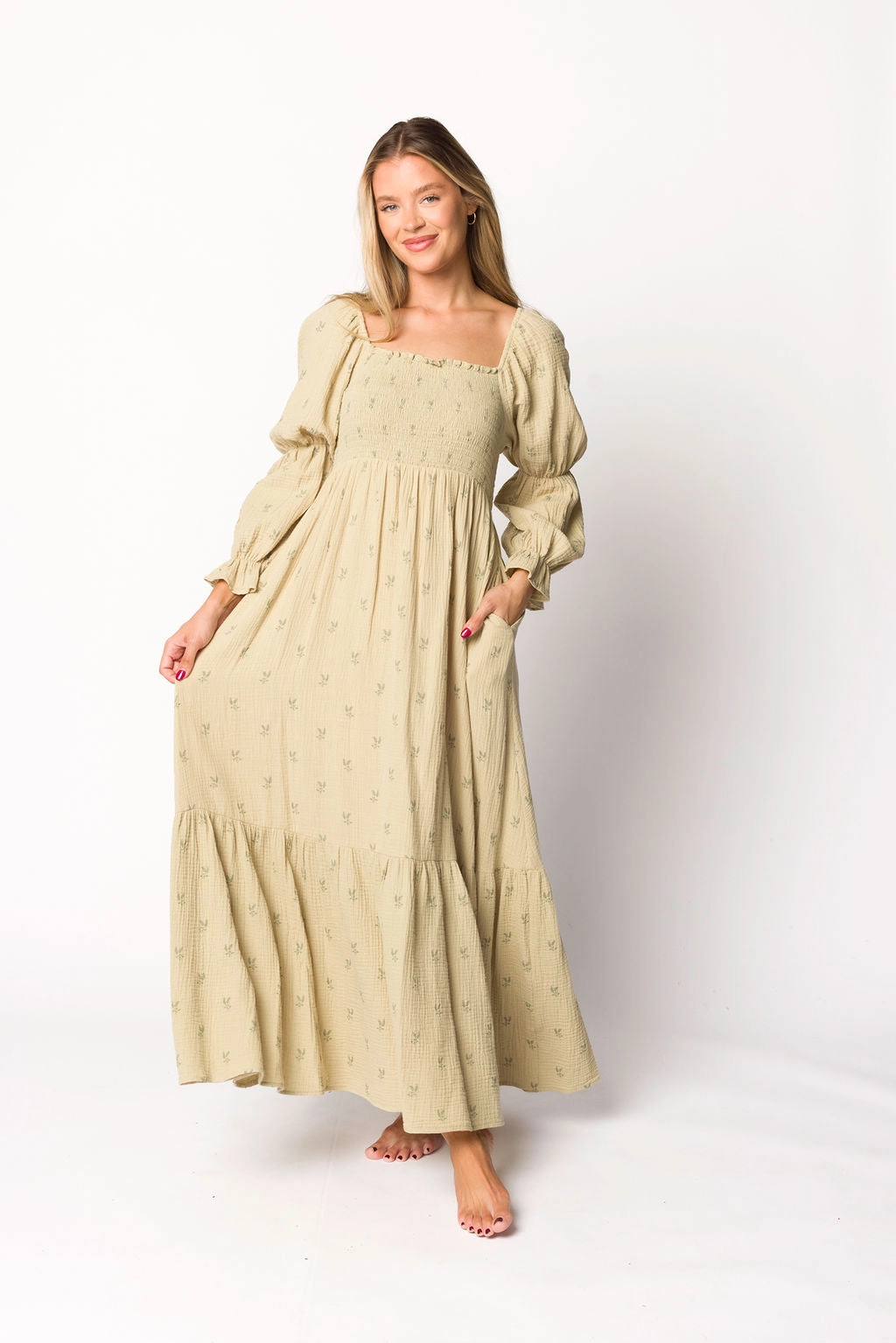 Emerson Gauze Maxi Dress in Thyme - Bump Friendly