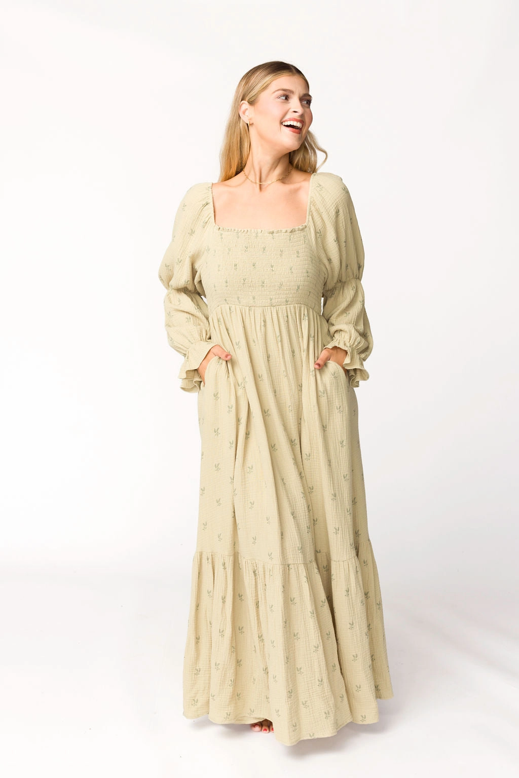 Emerson Gauze Maxi Dress in Thyme - Bump Friendly