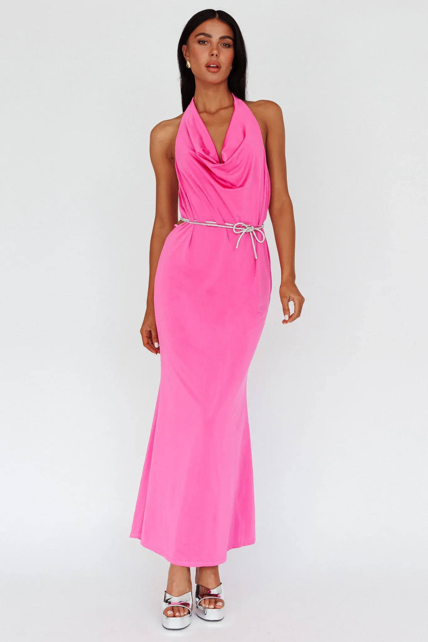 Emmi Cowl Neck Diamante Rope Dress Magenta